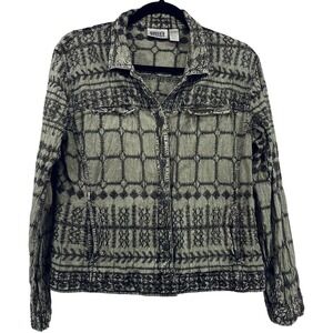 Chicos Design Women Size 1 Large Jacket Olive Green Black Embroidered Boho Boxy